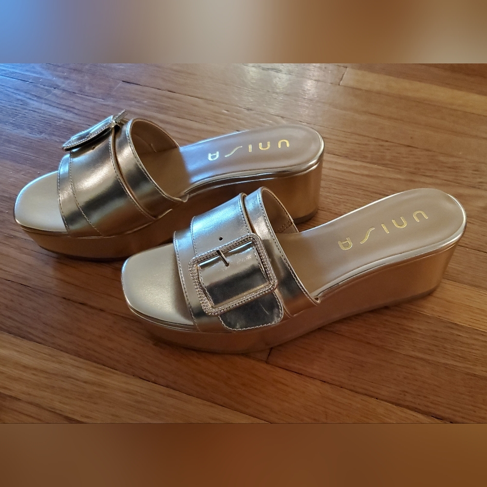 Unisa Gold Platform Wedge Sandals with Decorative Buckle